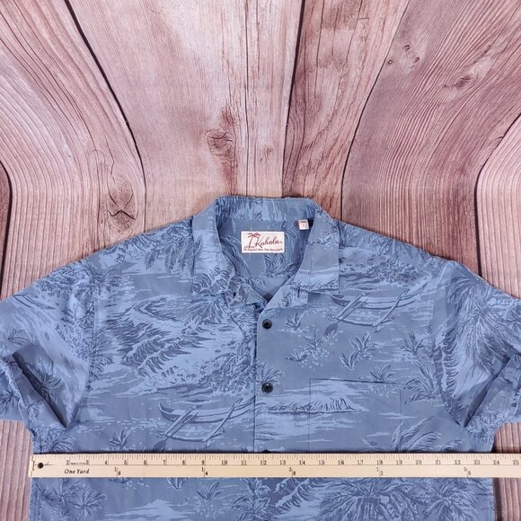 Kahala Mens Large Blue Aloha Hawaiian Palm Tree Island Scenic SS Camp Shirt - Picture 12 of 13